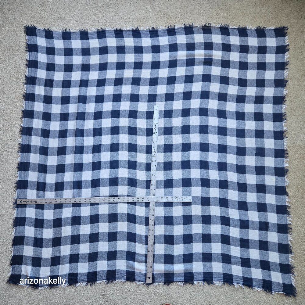 Large Wool Square Scarf Lightweight Buffalo Plaid Navy & White